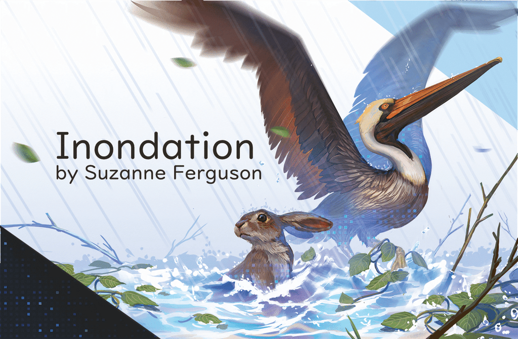 Illustration of a pixelated pelican and a rabbit in rain and rising waters, suggesting a digital reality in a flood.